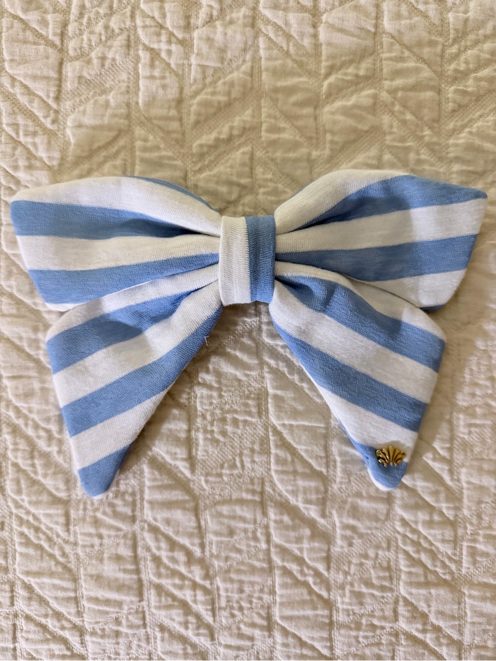 Lele Sadoughi Sky Blue and White Striped Bow Barrette with Gold Hardware